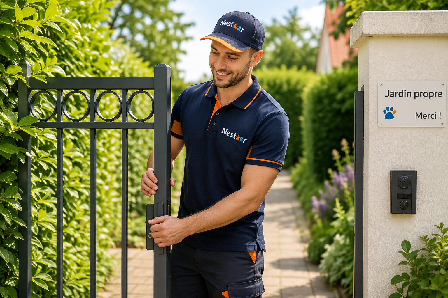 Agent Nestoor en tenue professionnelle fermant un portail de jardin