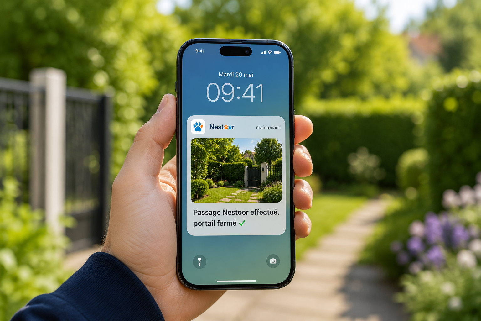 Smartphone affichant une notification Nestoor confirmant un passage effectué