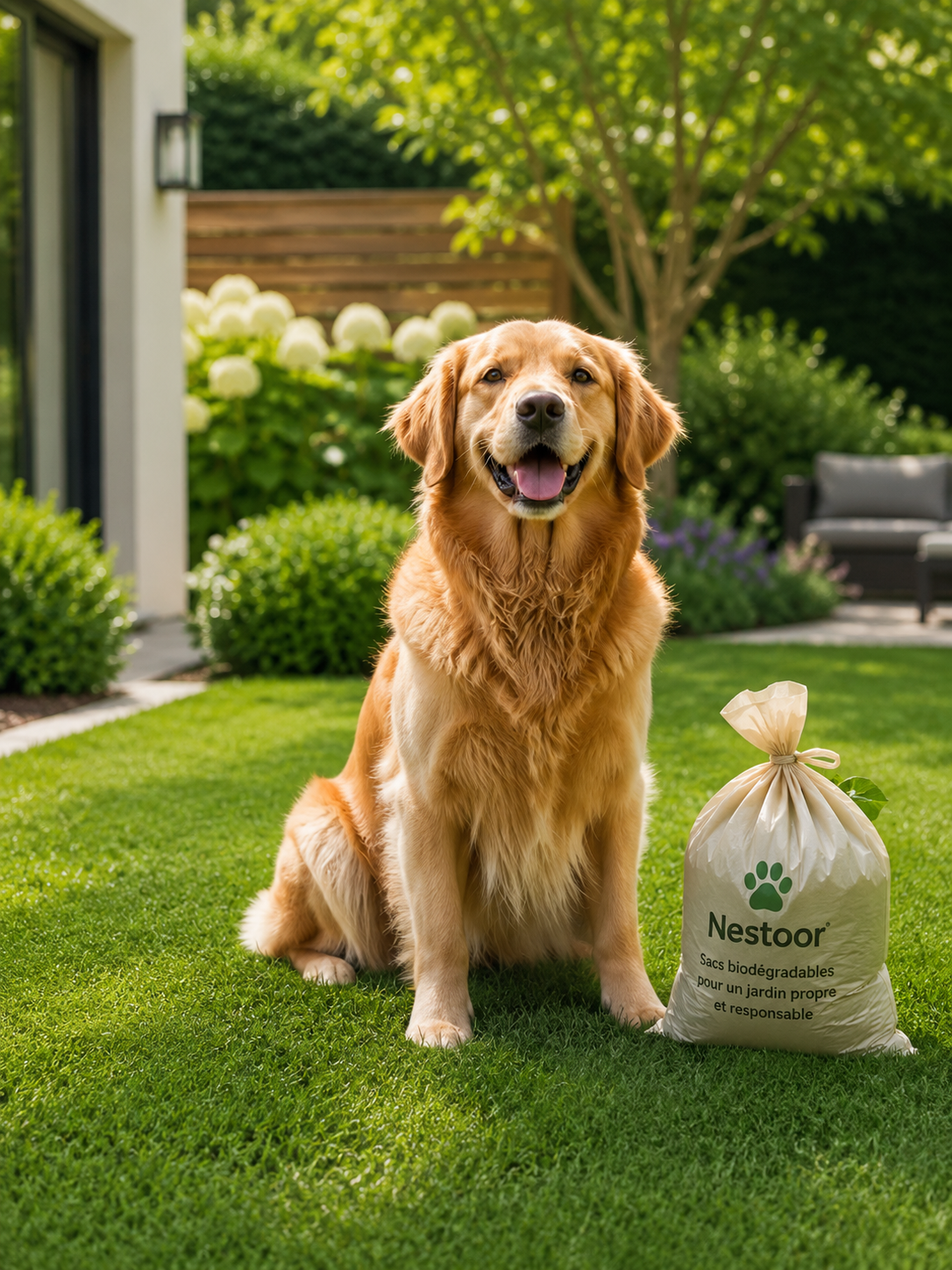 Golden Retriever assis à côté d'un sac biodégradable Nestoor sur une pelouse