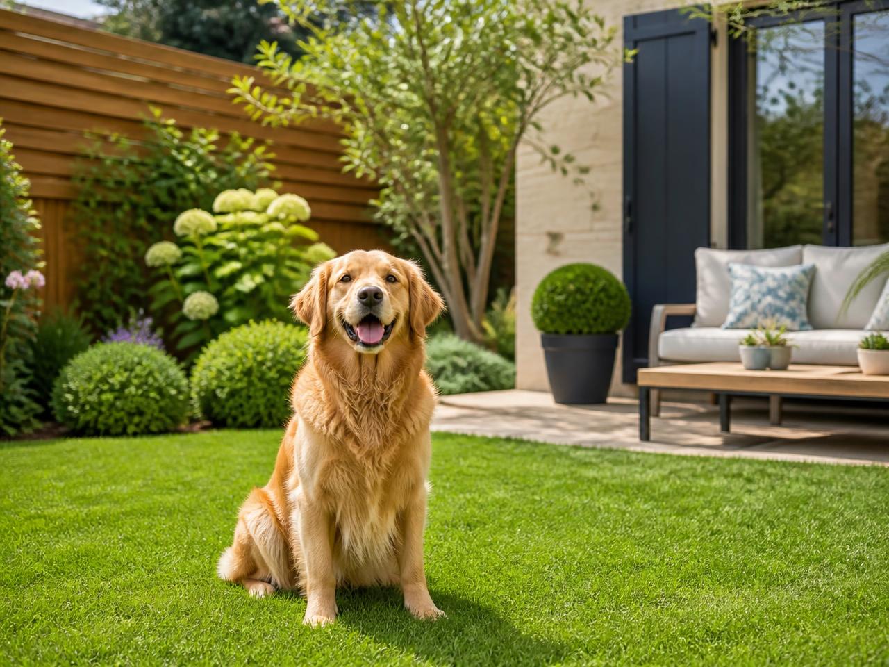 Chien heureux dans un jardin parfaitement entretenu